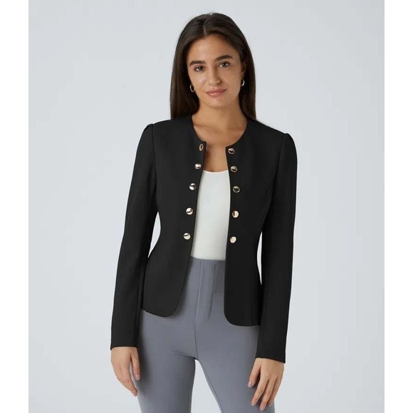 HALARA Jackets & Blazers - Halara SculptKnit Round Neck Decorative Button Slim Work Blazer Black Medium